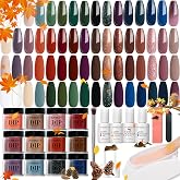 AZUREBEAUTY 32 Colors Fall Dip Powder Nail Kit Starter 42Pcs | 32 Colors Fall Green Nude Brown Blue Dipping Powder Set with Top/Base Coat &amp; Recycling Tray for French Art Manicure Salon