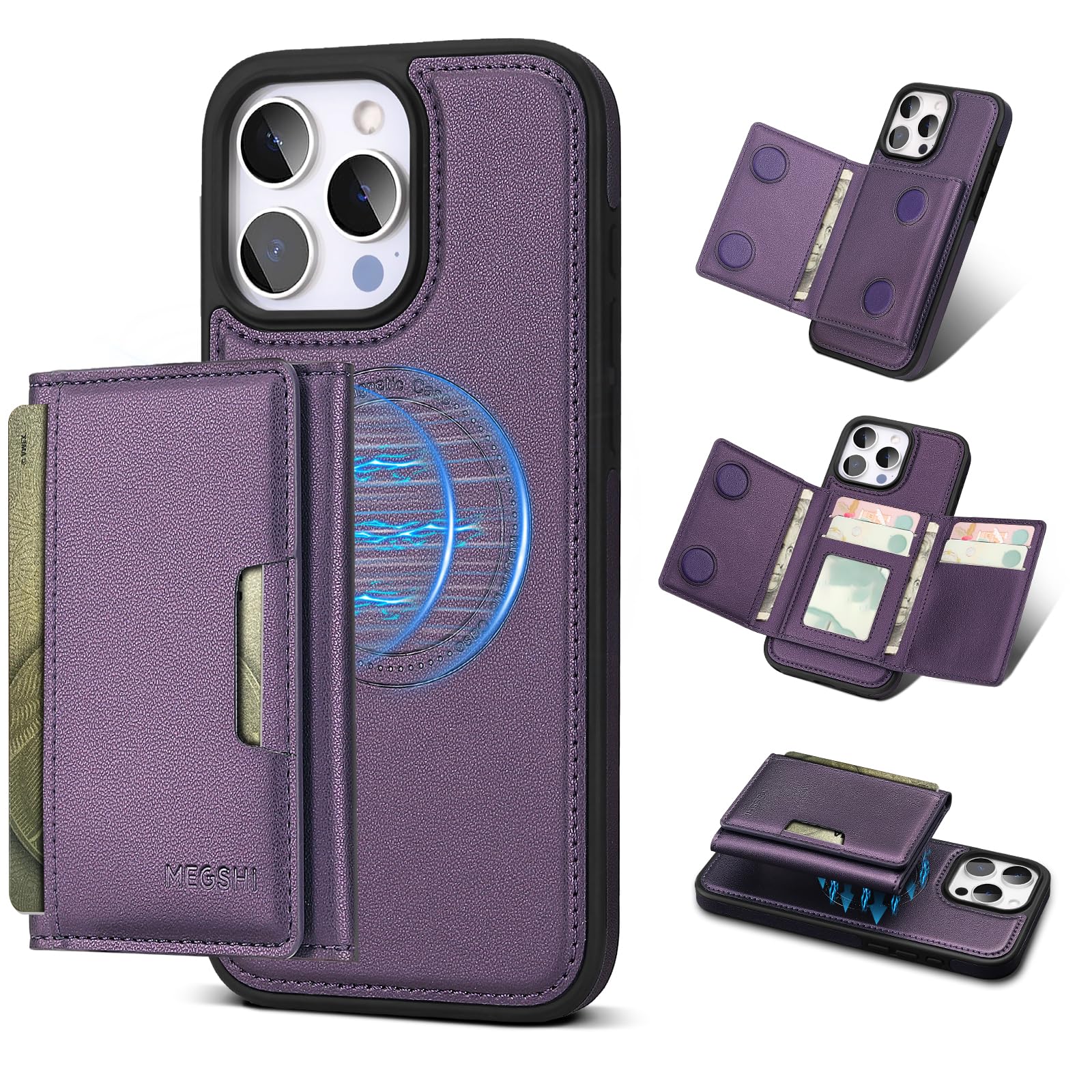 Photo 1 of Godzoen for iPhone 16 pro Wallet Case, 2-in-1 Detachable Phone Case, Card Holder RFID Blocking, Fashionable Faux Leather Card Slot & Folding Design (Purple 6.3'')