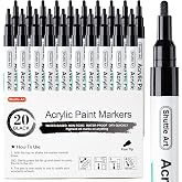Shuttle Art 20 Black Fine Tip Acrylic Paint Pens | Black fine pens for rock, wood, metal, glass, ceramic &amp; canvas. Great for crafts, signs, calligraphy. Quick-dry ink.