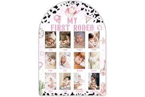 UIBOVA My First Rodeo My First Year Photo Board, Pink Cowgirl Baby Milestone Signs for Girls Boys Nursery Decor, 12 Month Wooden Picture Board for 2x3 Photos, Best Babies Keepsake Gifts-A14