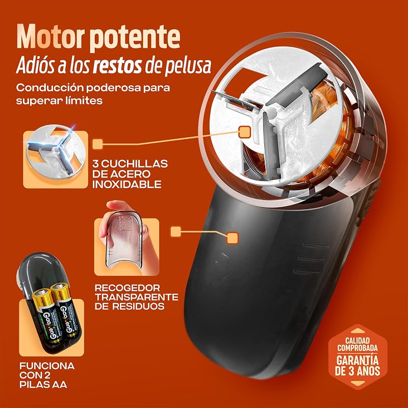 Removedor de fiapos elétrico portentum - removedor de pellets para roupas, lâminas de aço inoxidável. recipiente de fiapos removível. baterias incluídas. acessórios: escova de limpeza