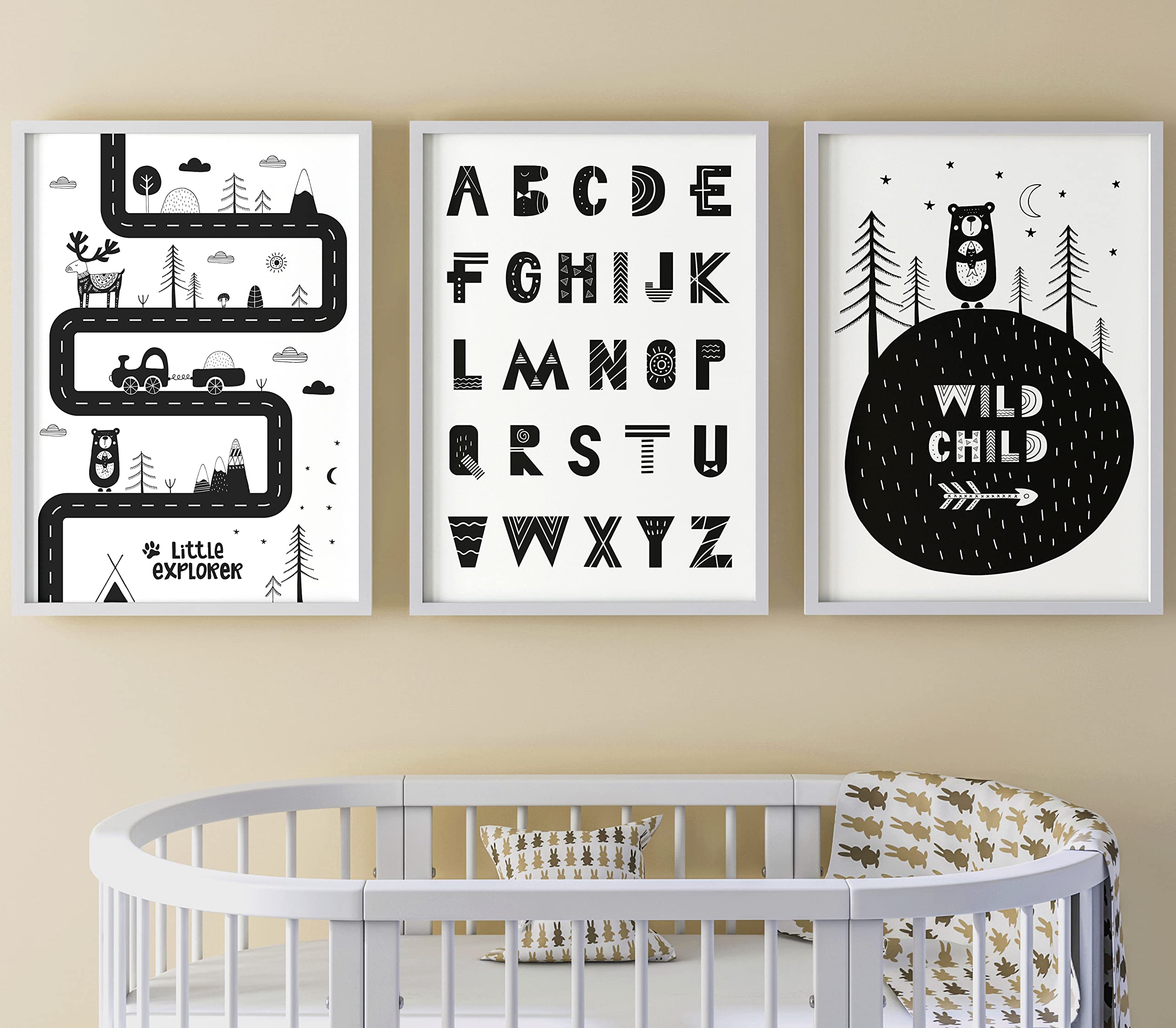 Scandi Monochrome Wall Art Set of 3 Unframed Nursery Prints, Baby Boy Girl Bedroom Playroom Decor, Little Explorer Wild Child Alphabet (A4)