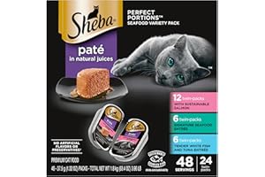 Sheba Perfect Portions Pate Wet Cat Food, Seafood Variety, 2.6 oz, 24 ct | Grain-free, made in USA, Sustainable Salmon, Signature Seafood & Whitefish Tuna, no artificial flavors, twin-pack trays