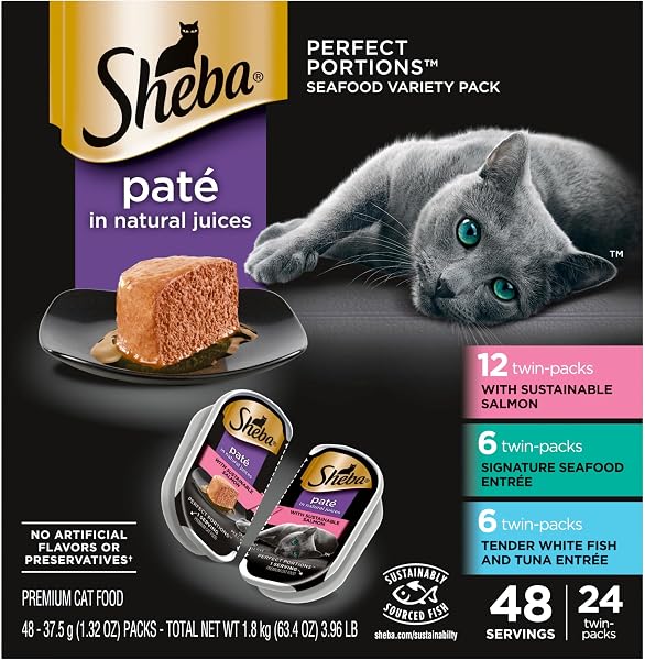Sheba Perfect Portions Pate Wet Cat Food, Seafood Variety, 2.6 oz, 24 ct | Grain-free, made in USA, Sustainable Salmon, Signa