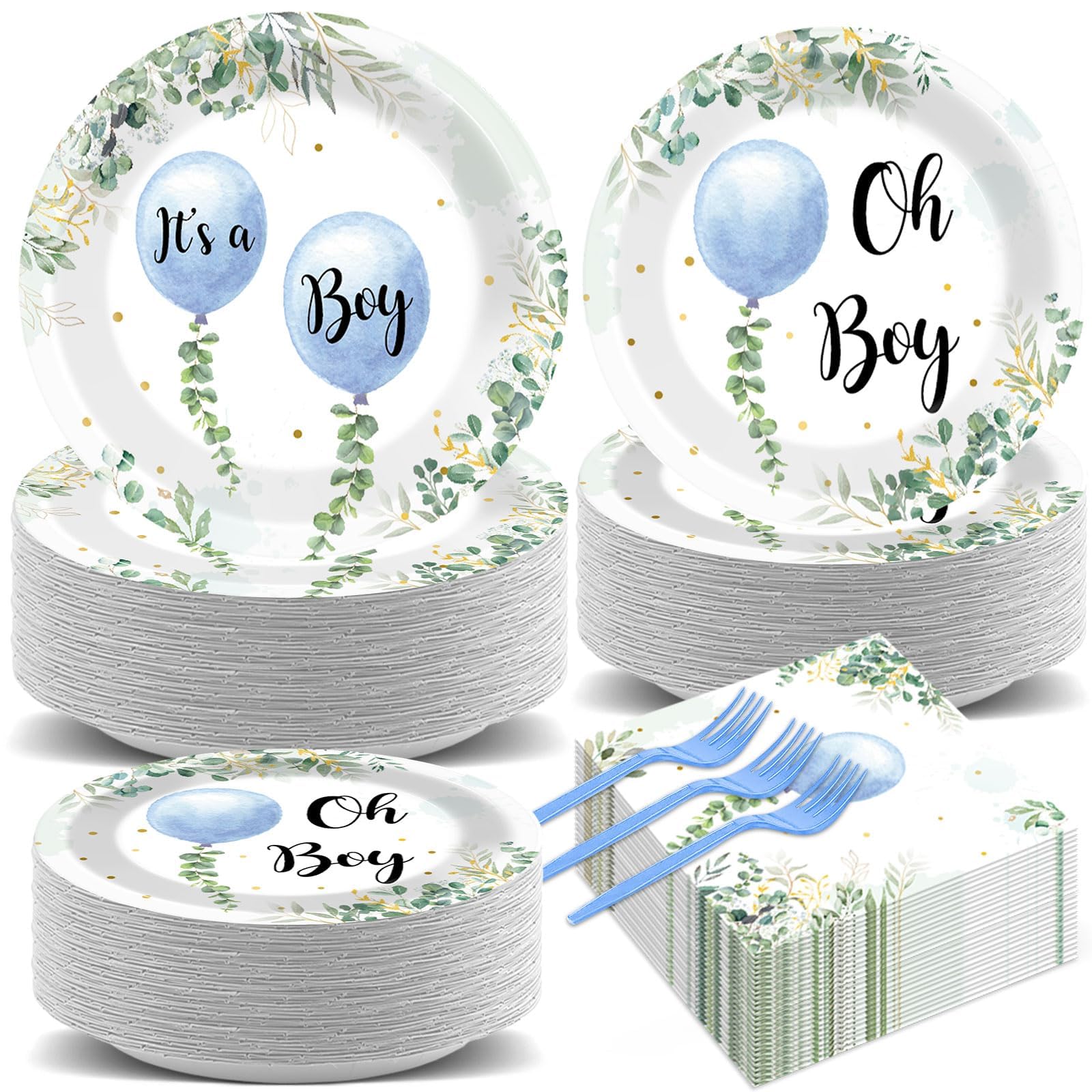 Photo 1 of ojustbeok 200PCS Oh Boy Watercolor Blue Balloon Party Tableware Set Greenery Boy Baby Shower Party Supplies Eucalyptus Disposable Dinnerware Plates Napkins Forks for Birthday Baby Shower Favors