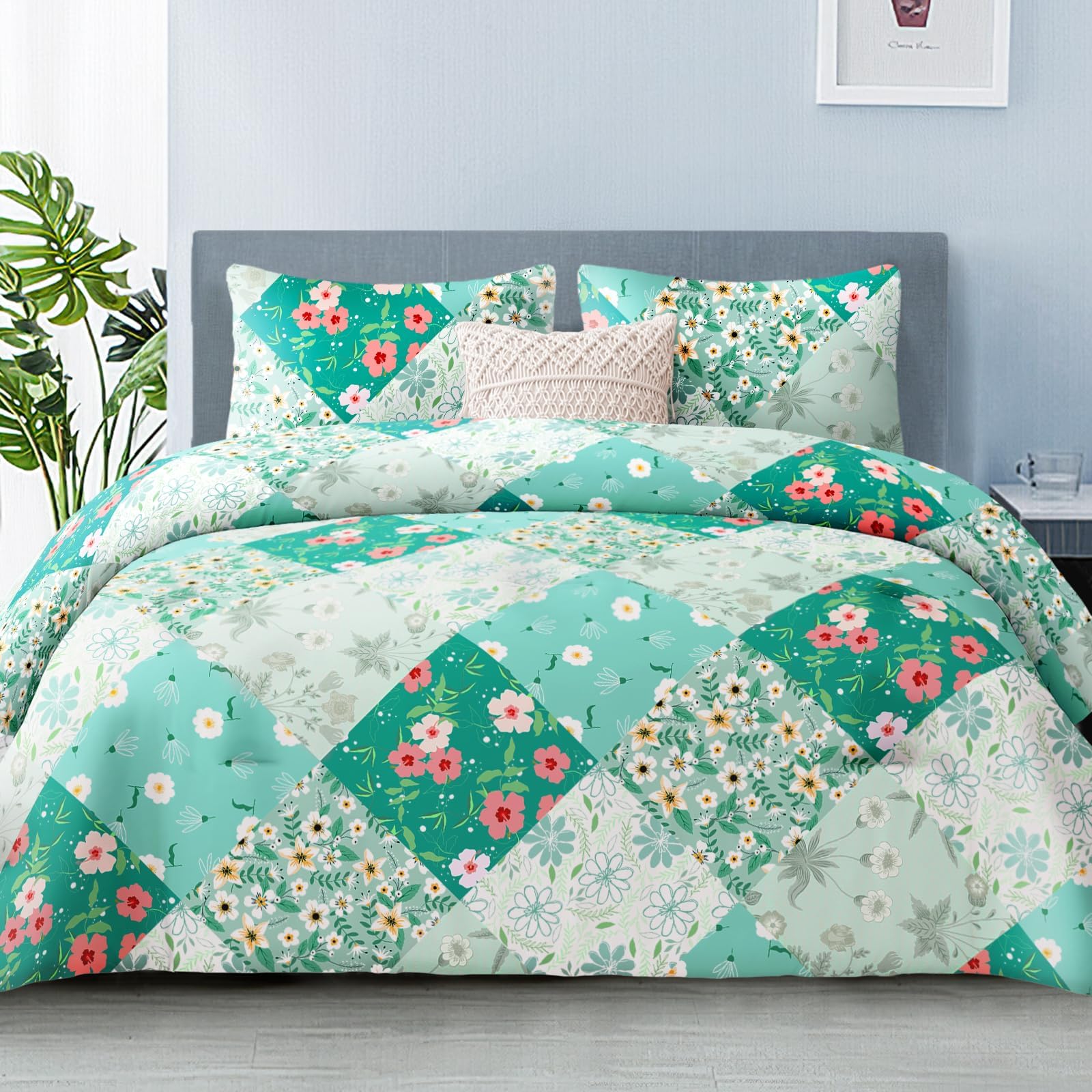 Whale Flotilla Double Size Coverless Duvet Set 7.5 Tog, Patchwork Floral Bed Cover Bedding Comforter Duvets Sets for All Seasons, Machine Washable, 200×200CM, Green