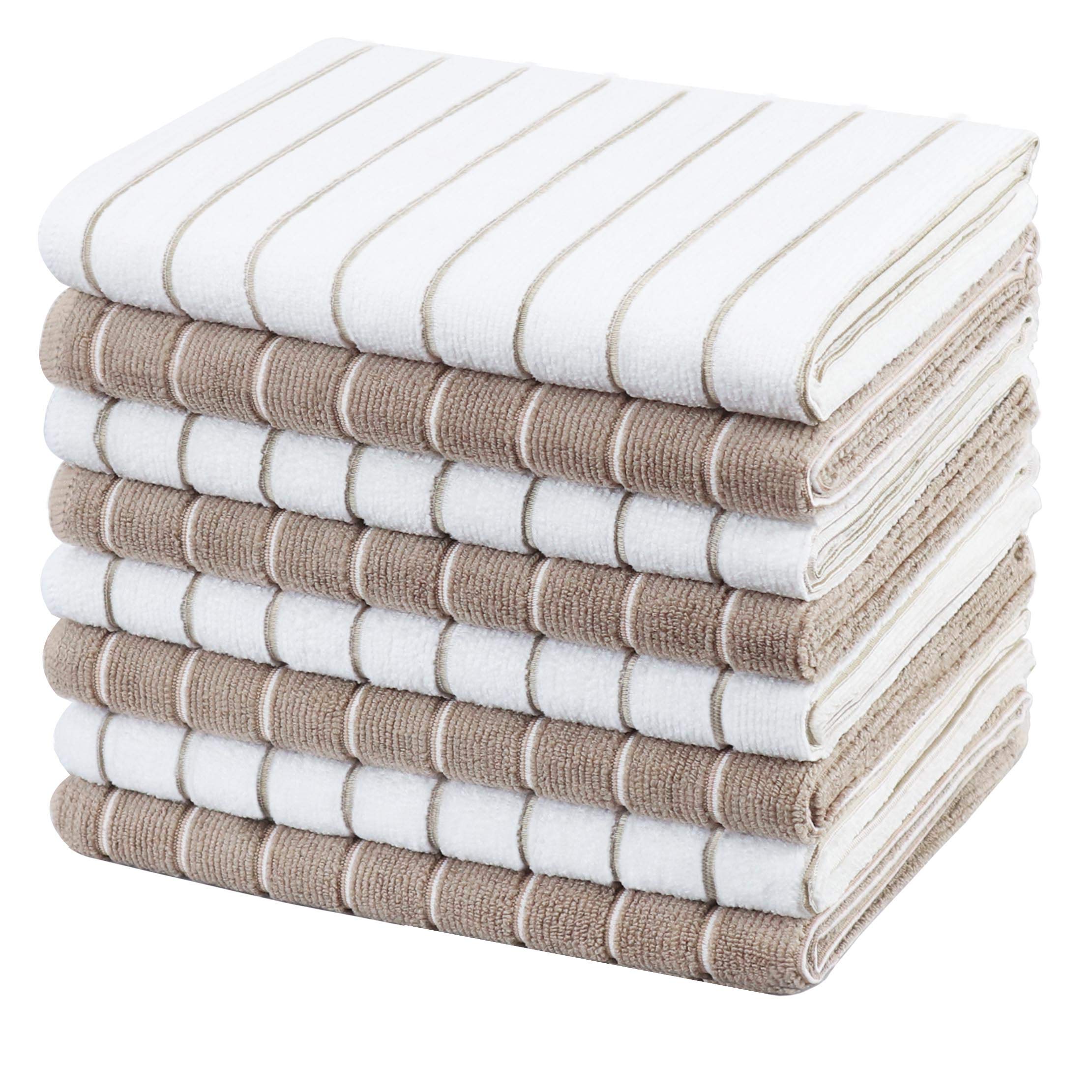 gryeer Microfibre Tea Towels - Pack of 8 (Stripe Designed Brown and White Colours) - Soft, Super Absorbent and Lint Free Kitchen Towels, 45 x 65 cm