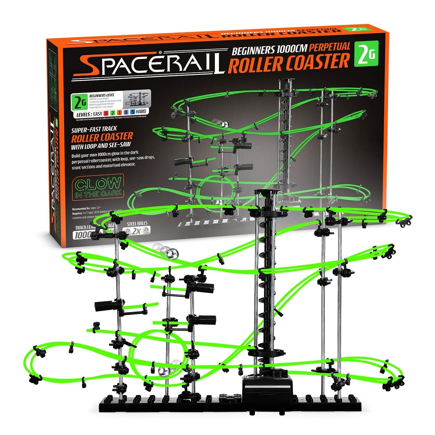 CKB LTD Space Rail Perpetual Rollercoaster Glow in The Dark Level 2 - Marble Roller Coaster Run DIY Track Build Kit Space Rail Track Run