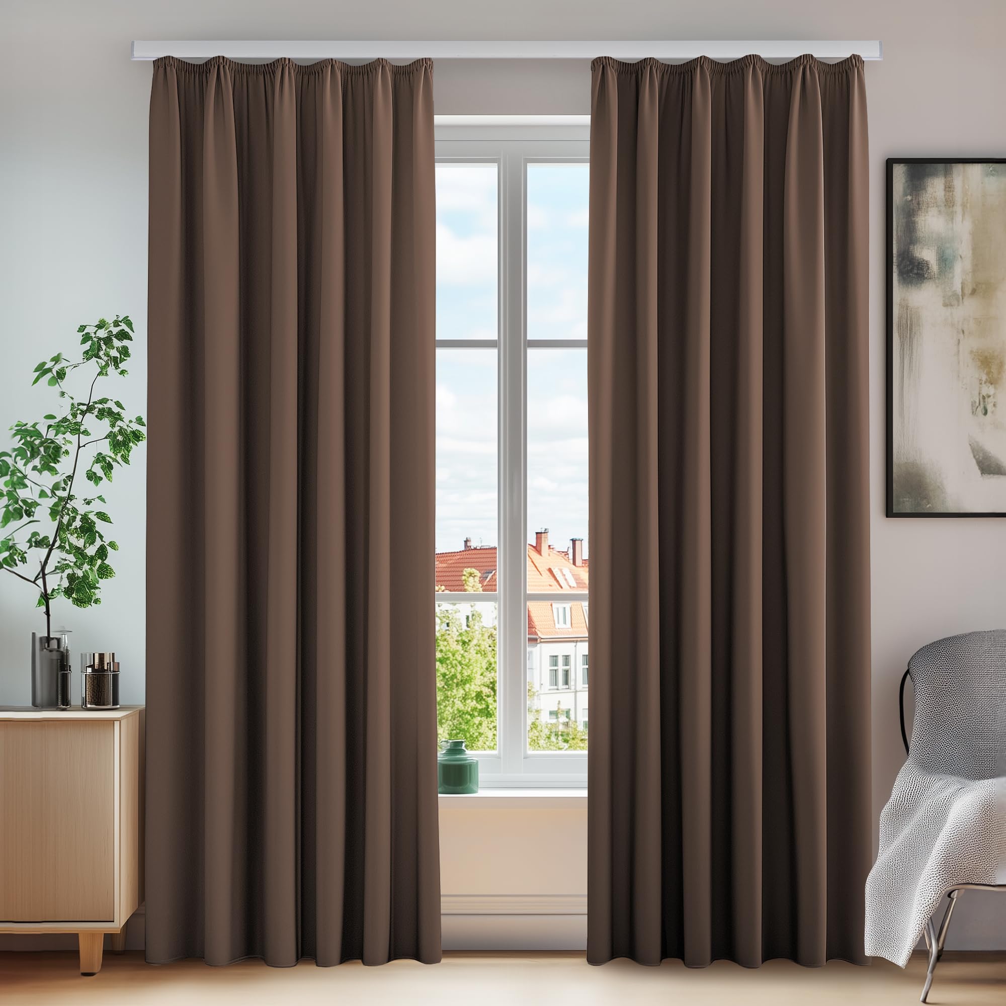 Deconovo Window Treatment Bedroom Pencil Pleat Curtains Thermal Insulated Curtains Blackout Curtains for Bedroom W55 x L63 Inch Brown One Pair