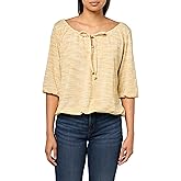Star Vixen Women's Petite 3/4 Sleeve Peasant Elastic-Hem Keyhole-Tie Top Shirt, Gold Heather, P-Small