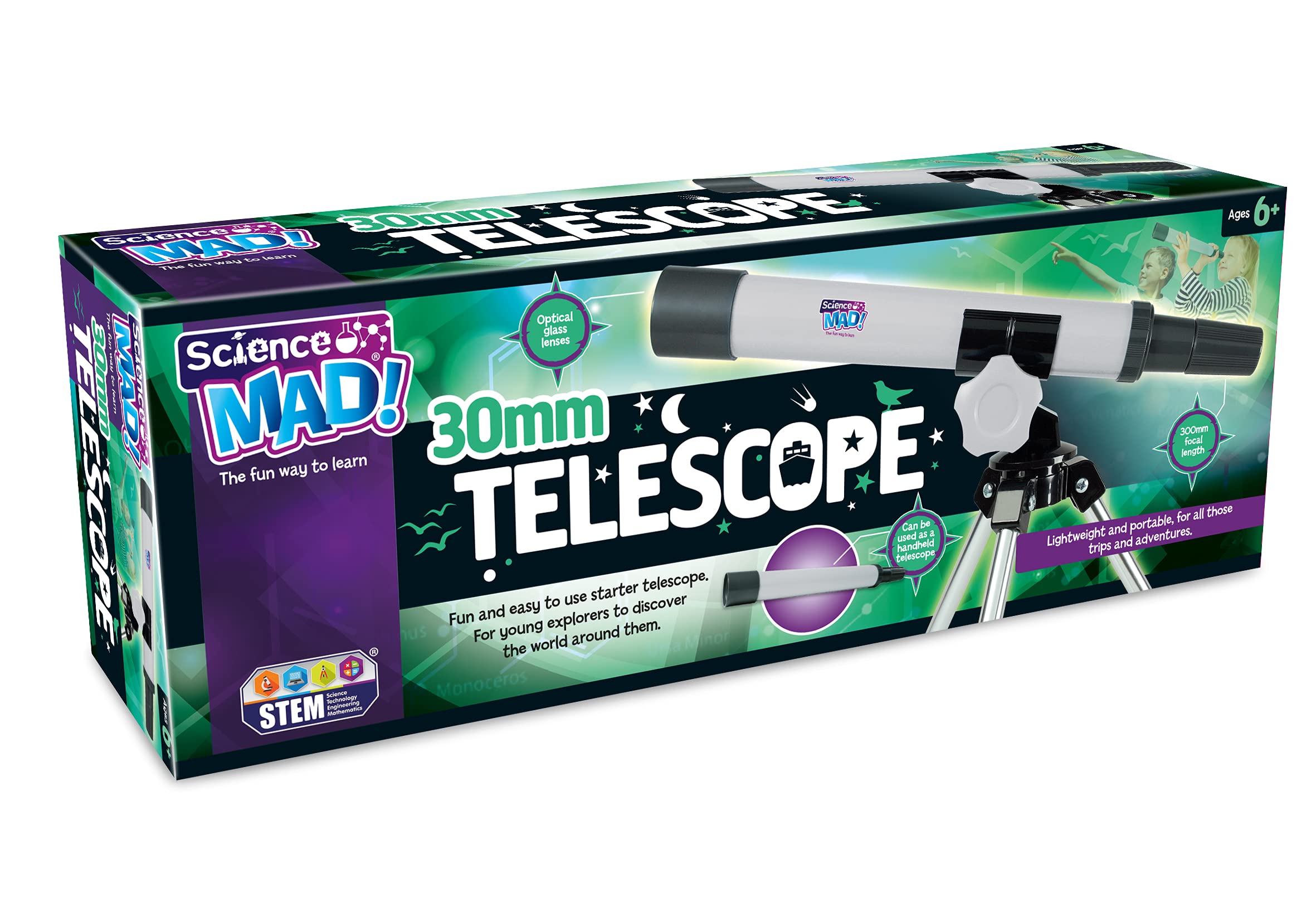 Science Mad - 30mm Telescope For Kids - Fun and Easy Starter Telescope to Help Learn and Discover The World - Features Portable, Lightweight, Handheld Scope Option, 6+ Years