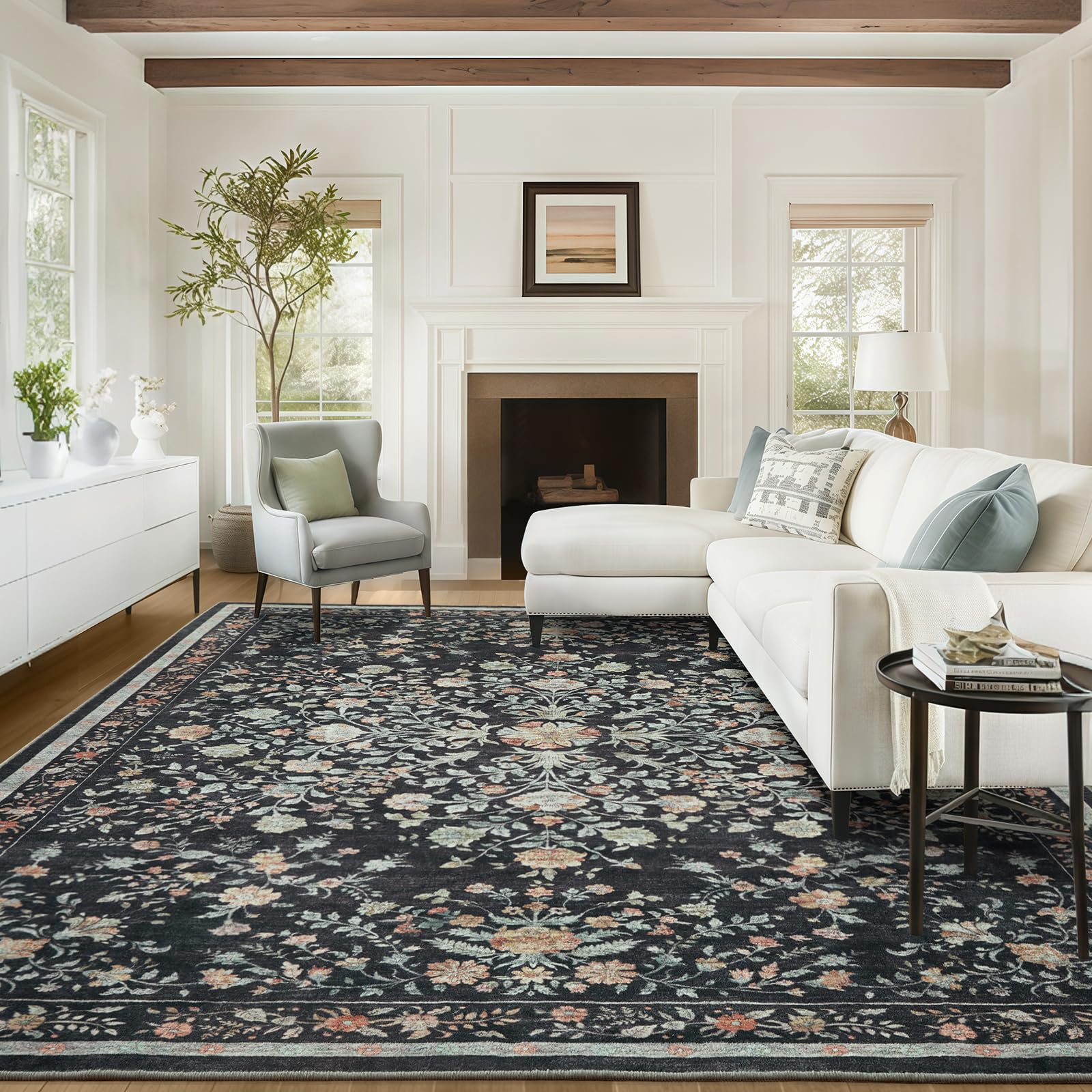AMADA HOMEFURNISHING Area Rugs 9x12, Washable Floral Rug Non Slip Large Living Room Rug Vintage Distressed Soft Carpet for Bedroom, Dinning Room, Home Office Image