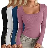 Oakgarden 4 Pack Women's Long Sleeve Shirts Scoop Neck Ribbed Knit Tops Casual Slim Fitted Cotton Tees Fall Basic T Shirts