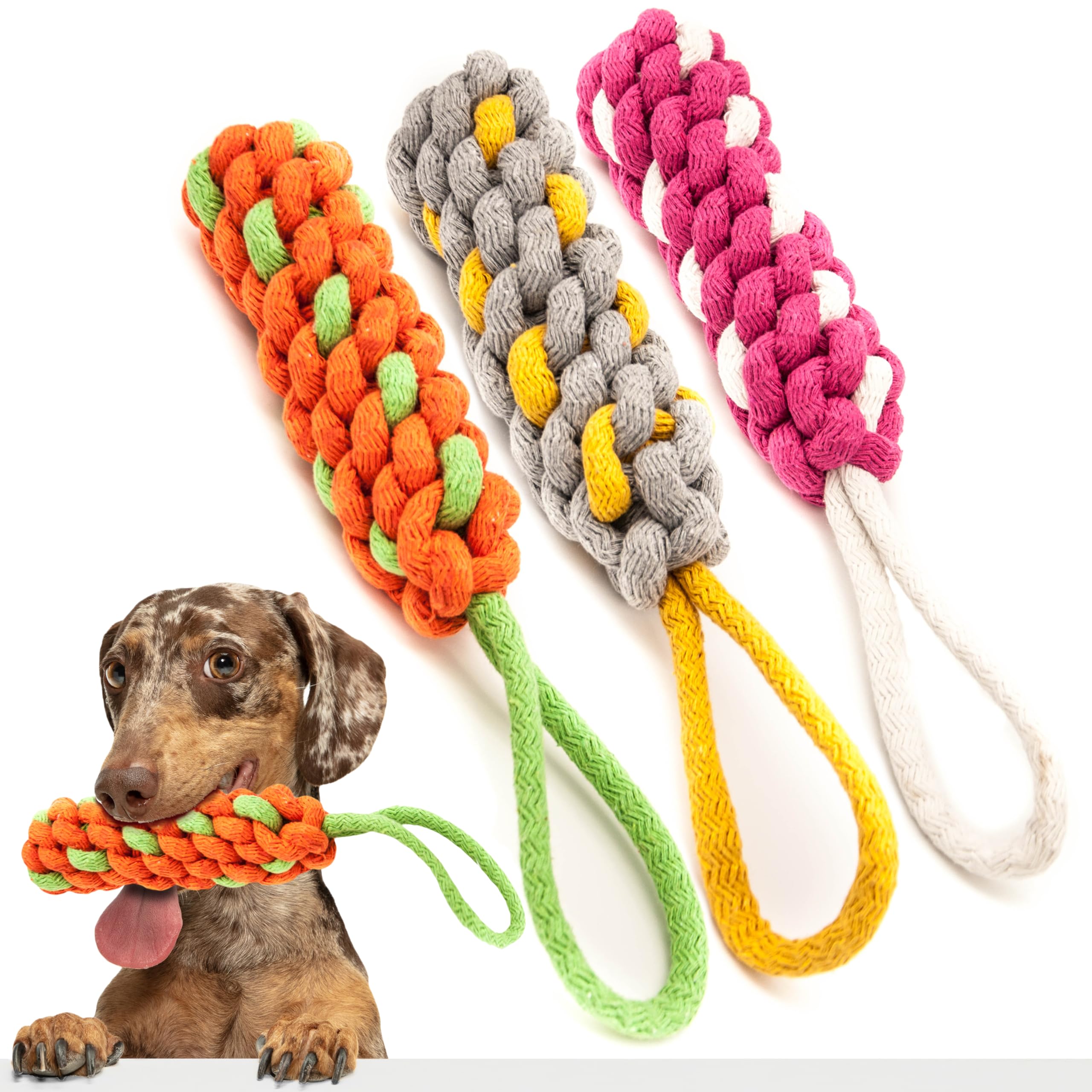 Petopedia 2x Braided Dog Rope Stick Puppy Teething Toys for Small & Medium Dogs - Interactive, Dental Health, Tug of War, Catch Fetch Play (Assorted, Pack of 2)