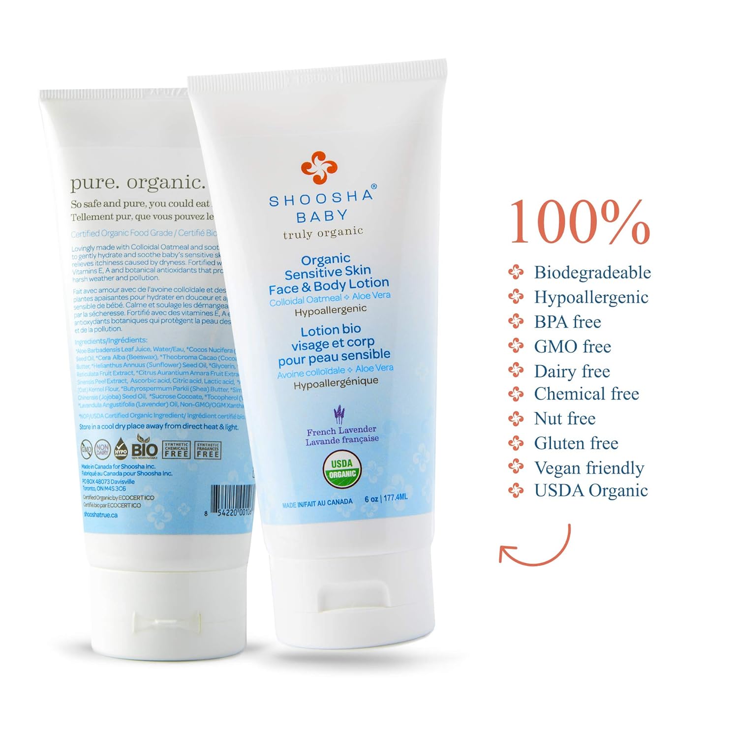 Organic Baby Lotion French Lavender, for Sensitive Skin, All Natural Face and Body Lotion for Kids, Hypoallergenic, Gluten-Free, Non-Sticky, 100% Biodegradable - Shoosha: Beauty