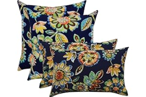RSH DECOR: Lumbar & Square Throw Pillows Set of 4 | 20" x 12" & 17" x 17" | All-Weather Spun Fabric | Water and Fade-Resistant | Outdoor Accent Pillows for Patio Furniture | Daelyn Navy