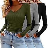 Xaatren 3 Pack Women's Long Sleeve Tops V Neck Ribbed Knit Slim Fit Shirts Fall Basic Casual Stretch Layering Tee