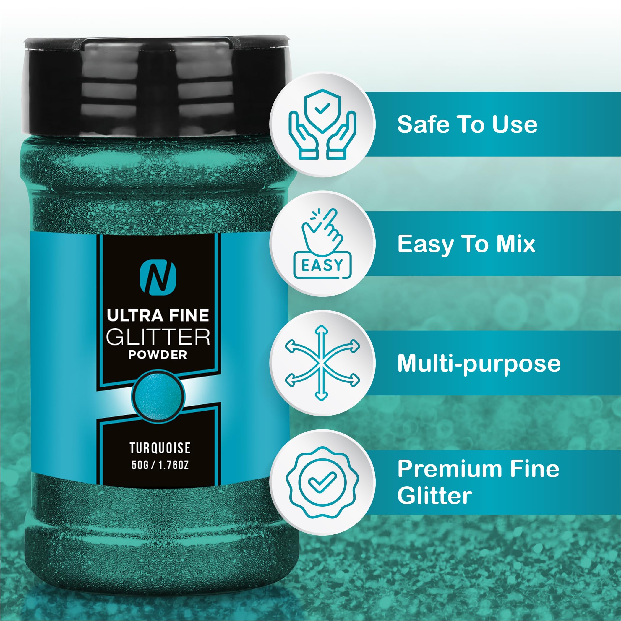 Glitter- Noverbee Turquoise Glitter, Fine Glitter- 50g Extra Fine Glitter. Great Resin Accessories, Craft Glitter, Glitter Powder for Slime, Powder for Nails, tumblers, Ornaments, Candle.