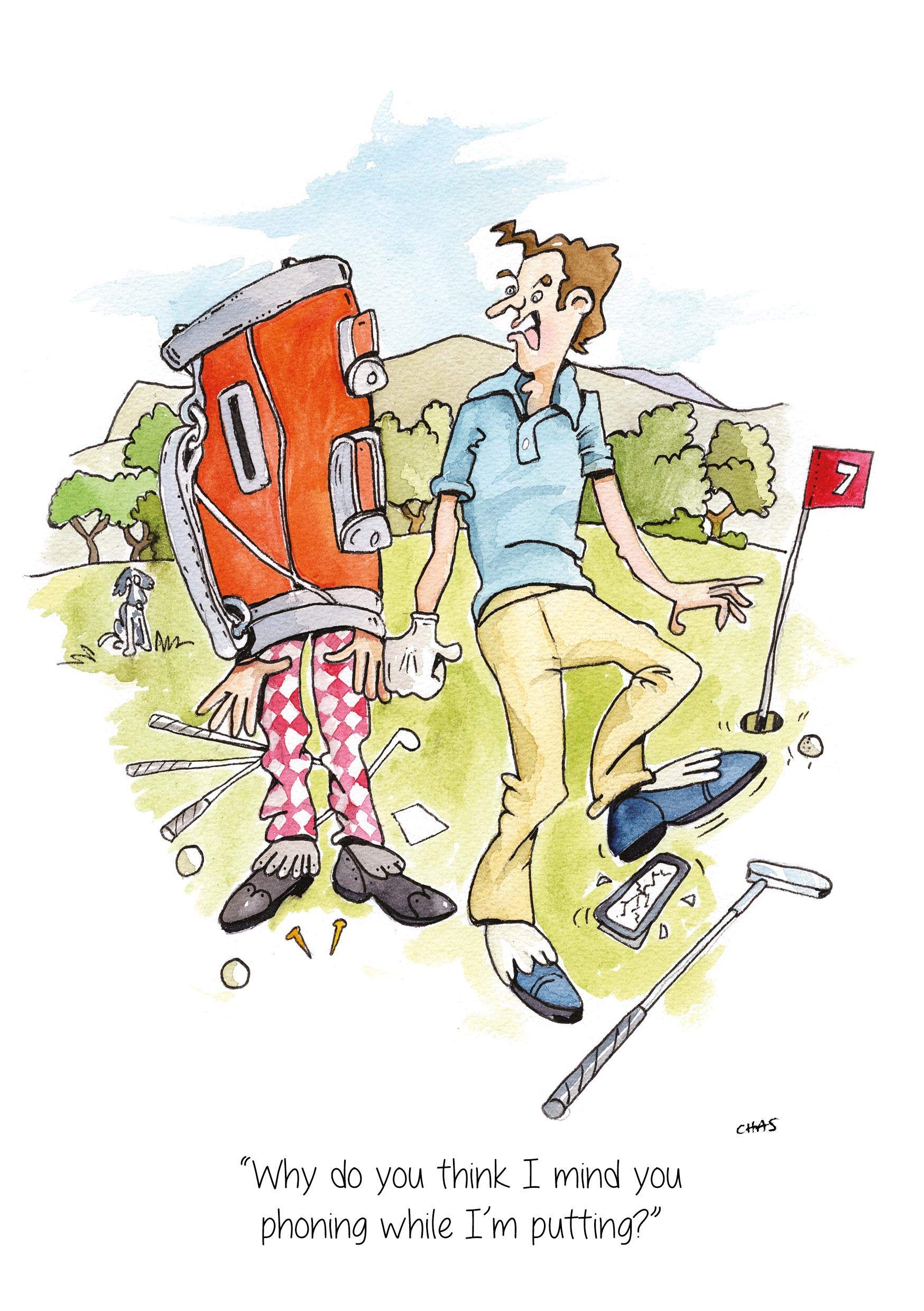 A5 Golf Greeting card 'Why do you think I mind you phoning while I'm putting' for thank you's, invitations, birthdays etc. Blank inside and cellophane wrapped with an envelope (AC54)