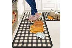 OUXIOAZ Buffalo Plaid Fall Pumpkin Decorative Kitchen Rugs Set of 2, Non Slip Absorbent Autumn Thanksgiving Pumpkin Kitchen Rugs and Mats Sets 17"x47"+17"x30"