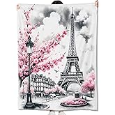amepay Paris Blanket Gifts for Girls Women,Parisian Eiffel Tower with Pink Cherry Blossom Throw Blankets,Soft Comfy Lightweight for Room Couch Bed Sofa Romantic Decor,France Lover 60x50in