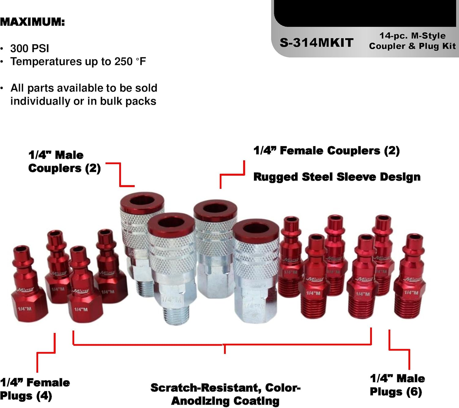 ColorFit by Milton Coupler & Plug Kit - (M-Style, Red) - 1/4" NPT, (14-Piece) - - 