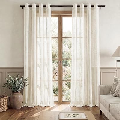 PONY DANCE Sheer Curtains 52x84 Beige Linen Textured Voile 2 Panels