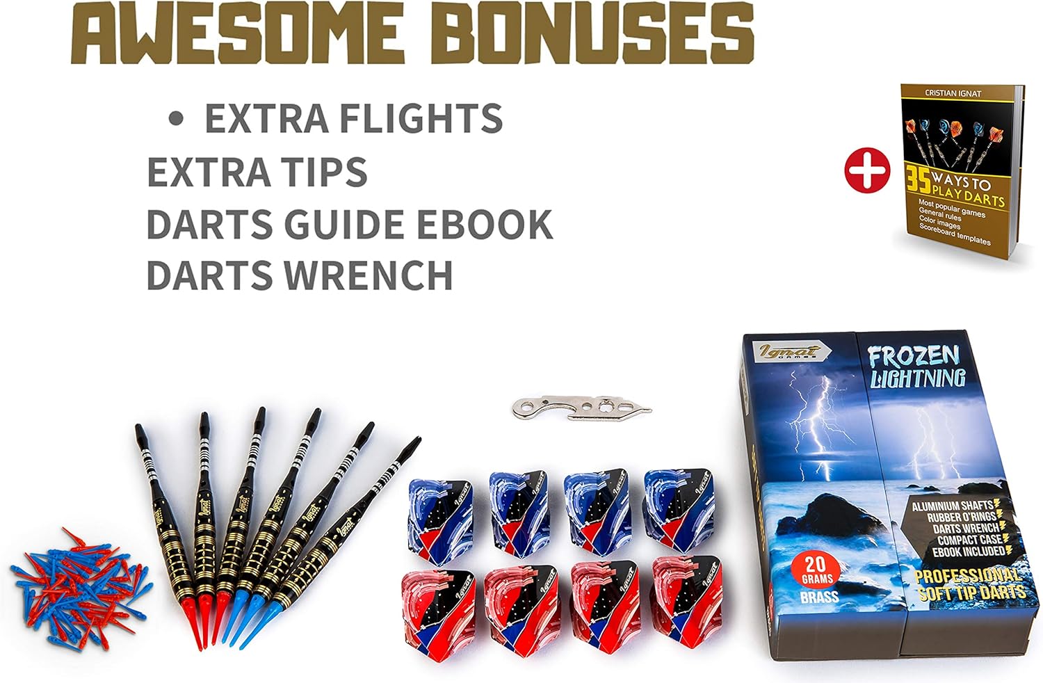 IgnatGames Plastic Tip Darts Set - Soft Tip Darts for Electronic Dart Board - Aluminum Shafts with O'rings, Extra Tips and Extra Flights + Dart Wrench + Innovative Case (20g Frozen Thunderbolt) : Sports & Outdoors