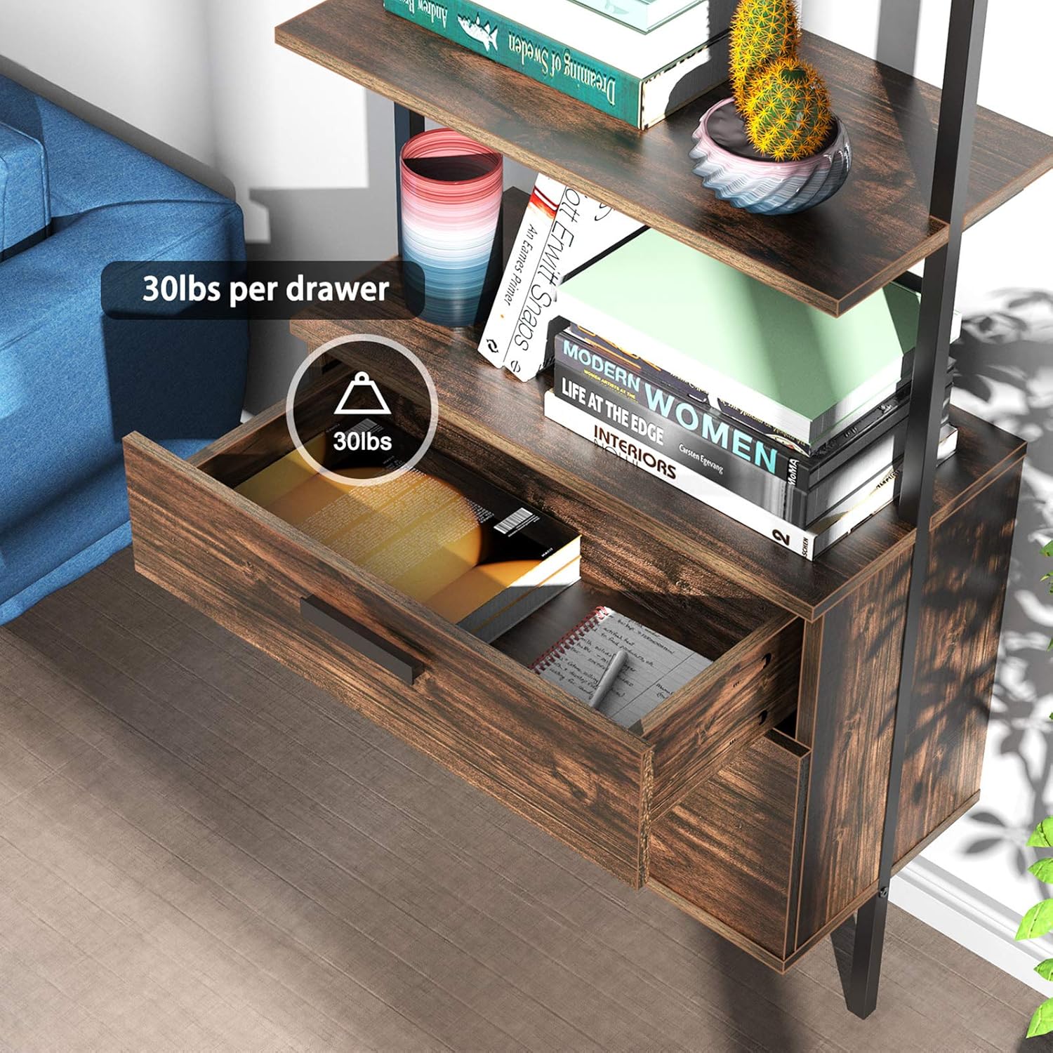 Industrial Ladder Shelf with Drawers, 3 Tier Open Shelf Storage Rack Shelves Ladder Bookshelf Plant Flower Stand Matte Metal Frame for Home, Living Room, Kitchen, Office: Furniture & Decor