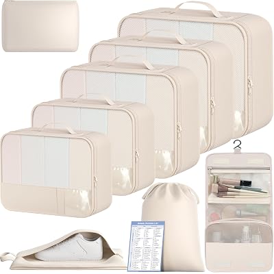 BAGAIL 9 Set Packing Cubes with Packing List Luggage Packing Organizers for Travel Accessories (Cream)