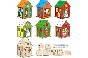 Fennoral 7 Pack Wooden Christmas House Craft Kit for Kids Make You Own 3D Christmas House Kit DIY Paint & Build Art Craft for Art Projiect Xmas Party Decoration