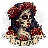 Personalized Women Sugar Skull Sticker Custom Name Sugar Roses Girls Skull Mexico Mexican Stickers Waterproof Die-Cut Vinyl Sticker Decal for Kindle Laptop Water Bottles Phone Decal Gifts