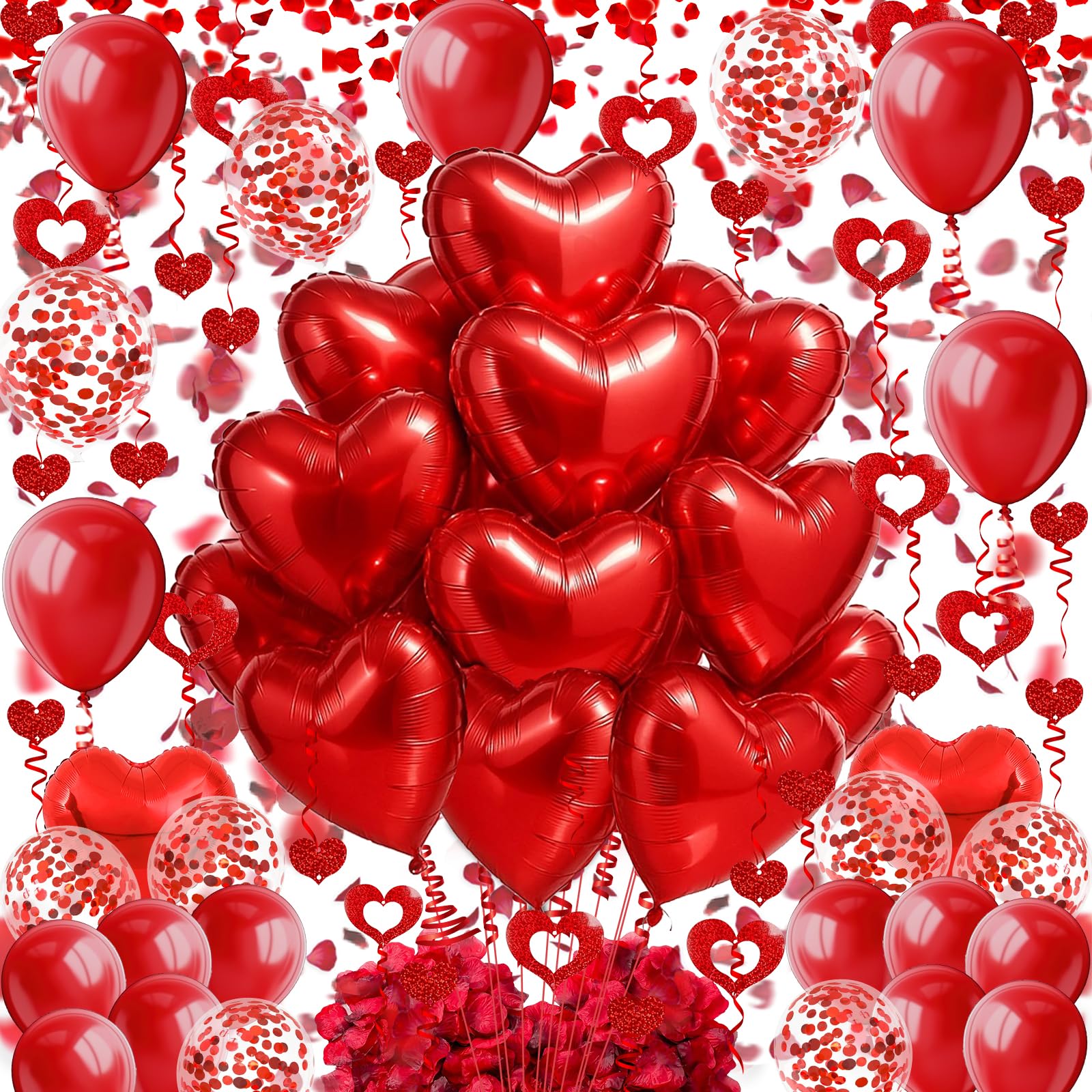 Photo 1 of Heart-Shaped Aluminum Foil Balloon,Red Latex balloons,Confetti Balloon,Fake Petals and Hanging Streamer for Valentines Wedding Bridal Shower Anniversary Engagement Party Supplies Decorations