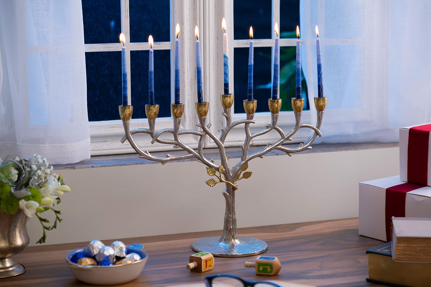 Classic Touch Decorium Two-Tone Menorah, Silver and Gold, with Leaf Design on Oil Cups- for Hanukkah Use: Home & Kitchen