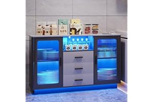 LVSOMT LED Coffee Bars with 24 Colors Lighting, Modern Coffee Station with Motion Sensor, Home Coffee Nook Table for Dining Room, Kitchen Buffer Sideboard with Storage Cabinet (Matte Grey)