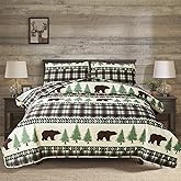 Junsey Cabin Bear Quilts Set Full/Queen Size, Lightweight Plaid Bedspread Coverlet Rustic Lodge Bedding Forest Tree Bed Sheet with Pillowshams (Beige Brown, Full/Queen)