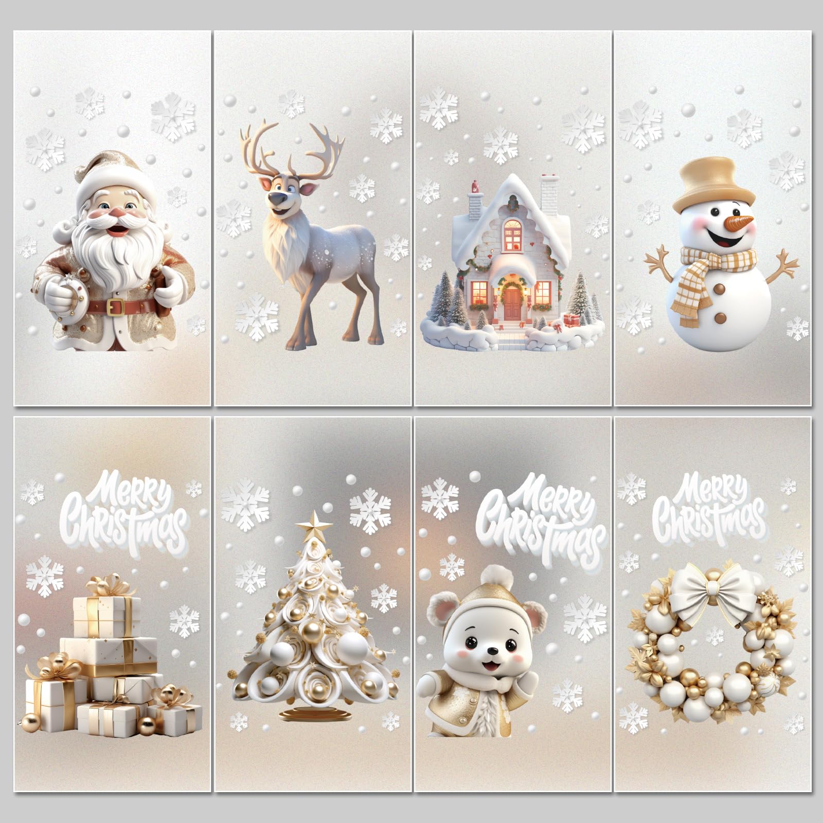 EDWINENE 8Sheet Christmas Window Stickers, Christmas Window Cling Sticker Decoration,Double-Sided Window Cling Decal for Christmas Window Decoration (Gold)