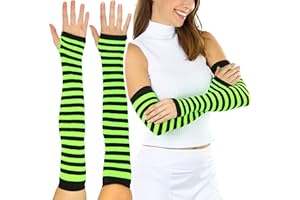 ToBeInStyle Women's Striped 100% Nylon Arm Length Warmers, Black With Neon Green Stripes, One Size