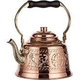 DEMMEX Heavy Gauge 1mm Thick Engraved Solid Copper Tea Pot Kettle Stovetop Teapot, Handmade (1.6-Quarts - Engraved)