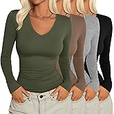 Velvelhall 4 Pack Women's Long Sleeve Shirts Tight V Neck Slim Fitted Tops Stretchy Casual Basic T Shirts Layering Tees 2026