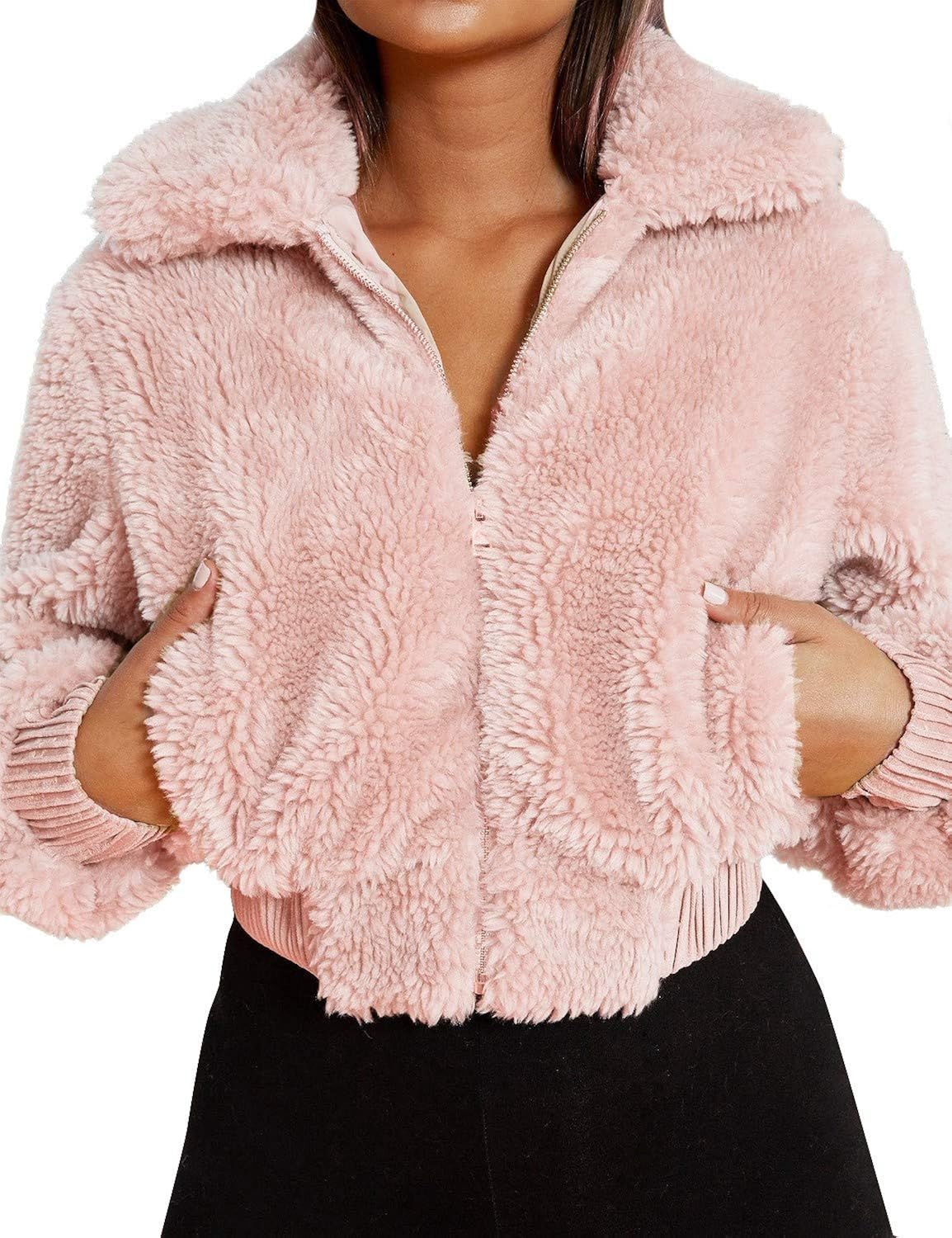 FANCYINN Womens Teddy Cropped Faux Fur Jacket Furry Lapel Coat Zip Up with Pockets Warm Winter at  Women's Coats Shop
