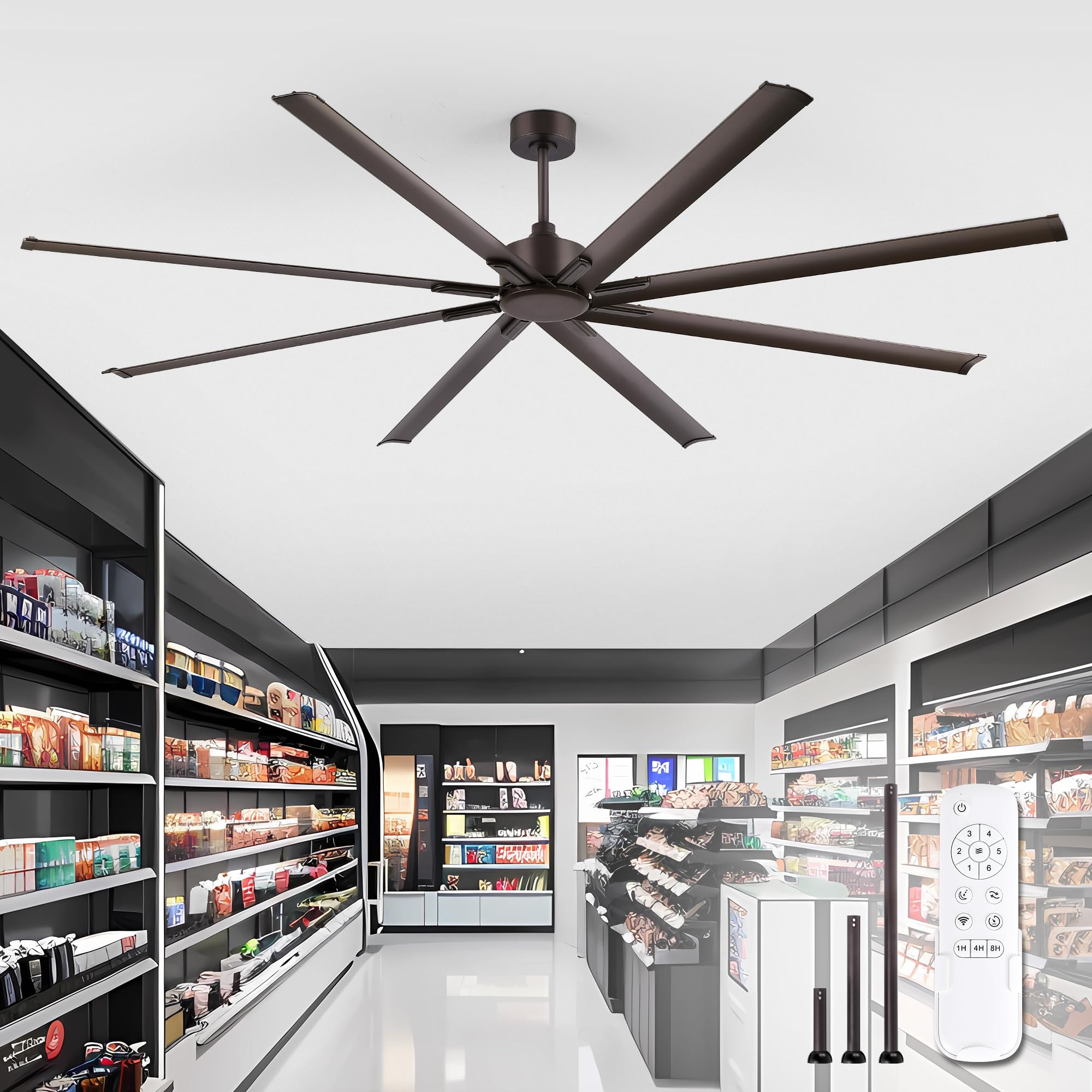 Photo 1 of *** PARTS ONLY *** ZMISHIBO 96 Inch Industrial DC Motor Ceiling Fan, Large Ceiling Fan with 8 Reversible Blades, 3 Downrods, 6-Speed Remote Control, Home or Commercial Ceiling Fans for Porch/Garage/Shop, Oil-bronze