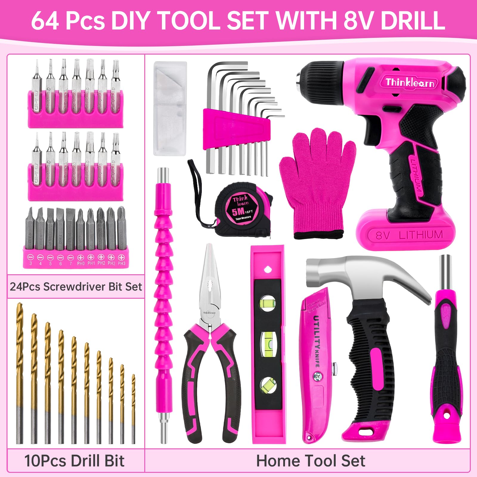 8V Pink Cordless Drill Set, 64 Pcs Pink Power Drill Tool Kit for Women, 3/8