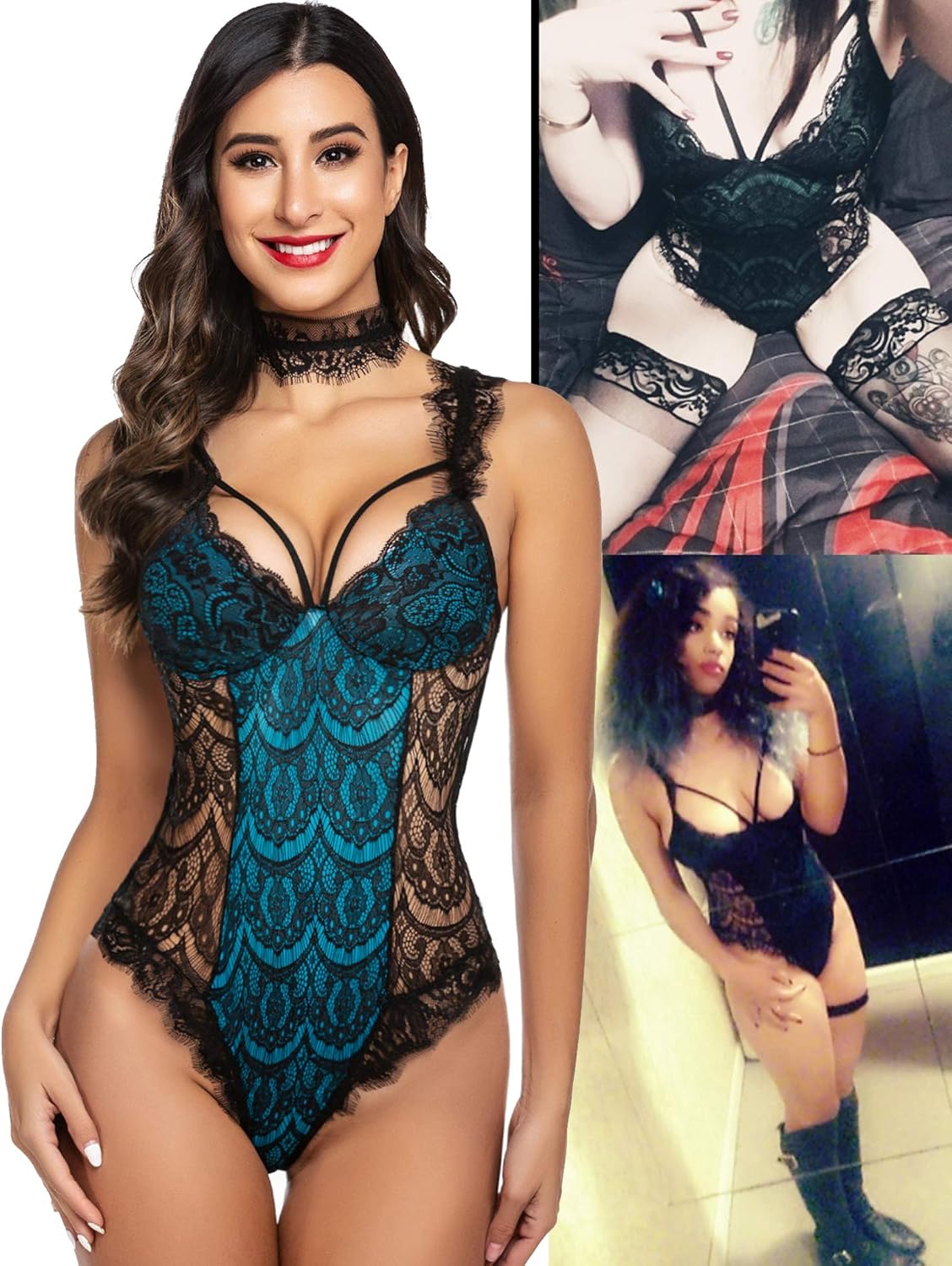 ADOME Womens Snap Crotch Lingerie Sexy Lace Bodysuit with Chocker Eyelash Teddy: Clothing