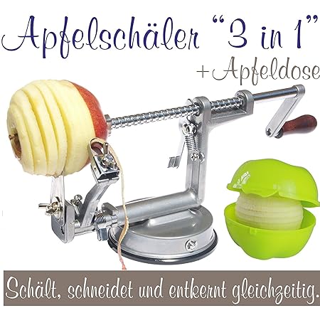 Made for us - Profi Alu- Apfelschäler Apfelschneider Apfelentkerner Schälmaschine mit Apfeldose, in Silbergrau