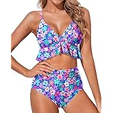 Tempt Me Women High Waisted Ruffle Bikini Set Two Piece Swimsuits Flounce Tummy Control Bathing Suit