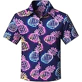 Yoimira Boys Hawaiian Shirt Neon Tropical Print Short Sleeve Button Down for Kids Age 7-14