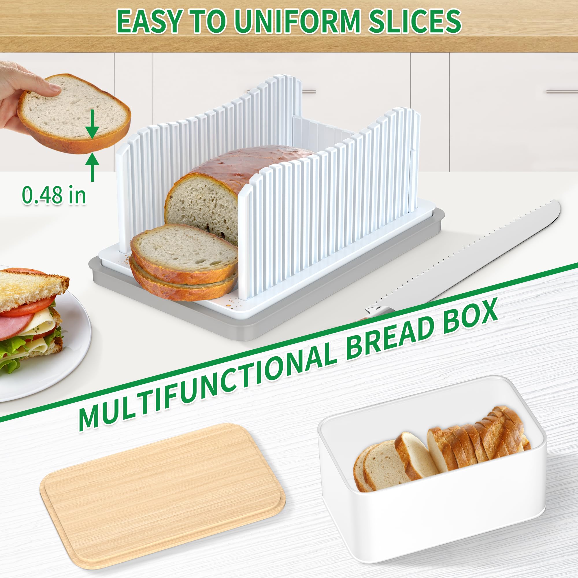 CAWIU Bread Slicer for Homemade with Box, Foldable Bread Cutter with Crumb Tray, Adjustable Width Bread Slicing Guide for Loafs, Sandwiches, Bagels, and Cakes