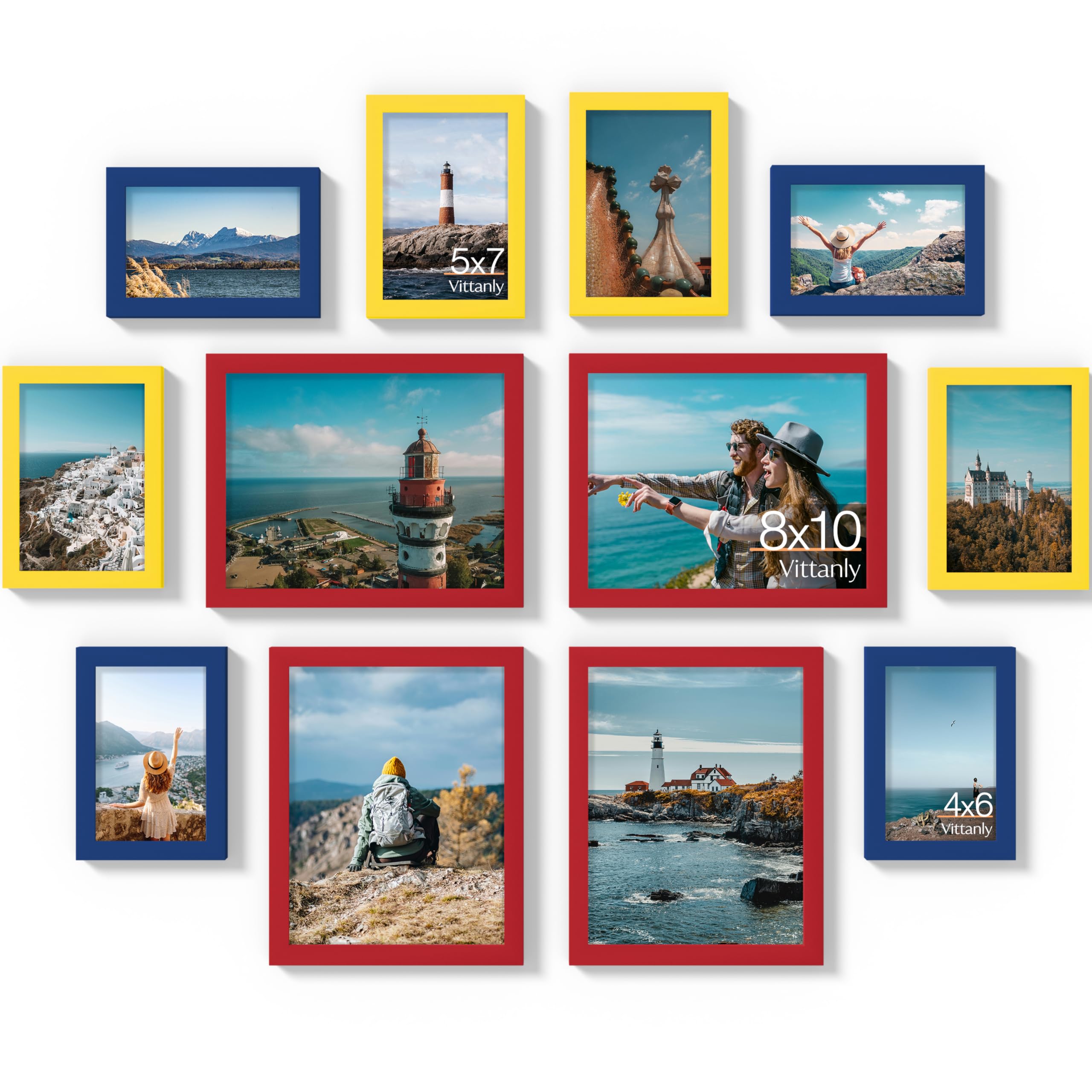 Vittanly 12 Pack Picture Frames Collage Wall Decor for Mounting or Tabletop Display, Gallery Wall Frame Set for Family, Multi Sizes Including 4pcs 8x10, 4pcs 5x7, 4pcs 4x6, Red & Yellow & Blue