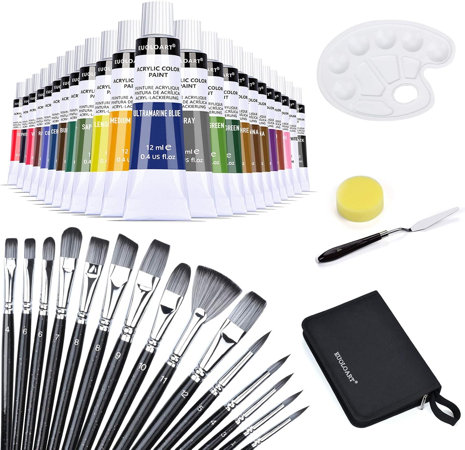 Complete Acrylic Paint Set - 24x Craft Paints, 18pcs Artist Paint Brushes with Palette, Painting Knife & Sponge in Canvas Bag for Acrylic, Oil & Watercolor -for Adults and Kids